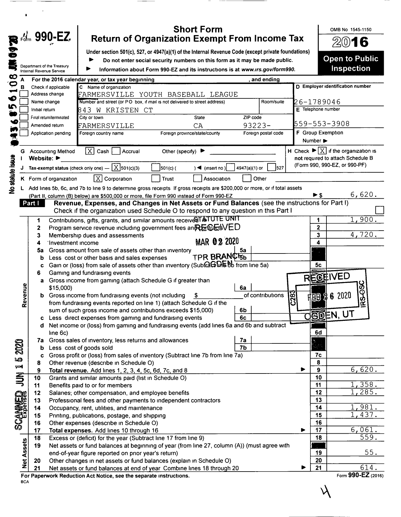 Image of first page of 2016 Form 990EA for Farmersville Youth Baseball League