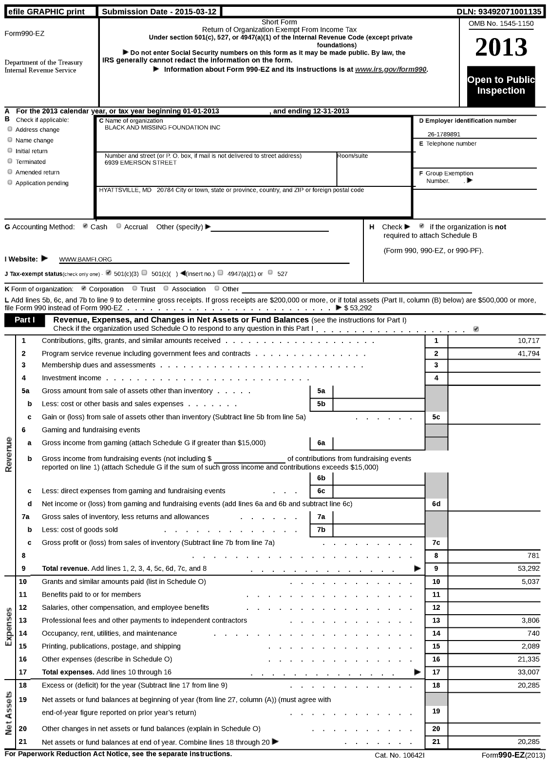 Image of first page of 2013 Form 990EZ for Black and Missing Foundation