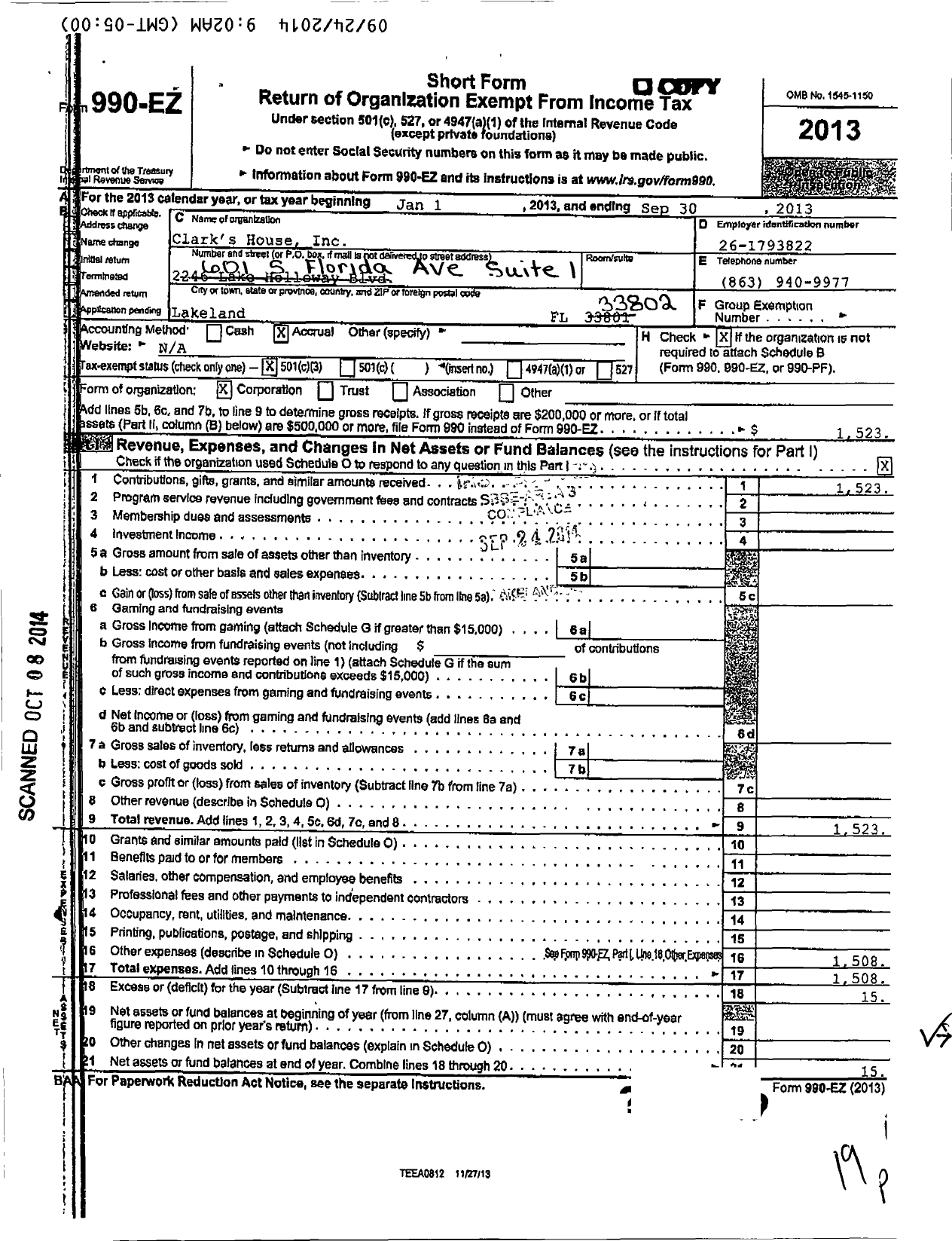 Image of first page of 2012 Form 990EZ for Clark's House
