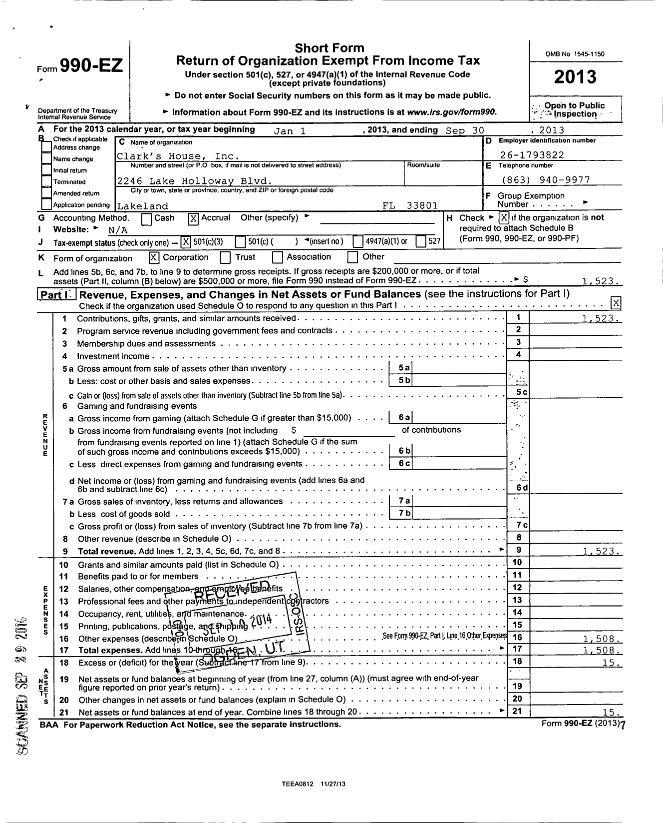 Image of first page of 2012 Form 990EZ for Clark's House