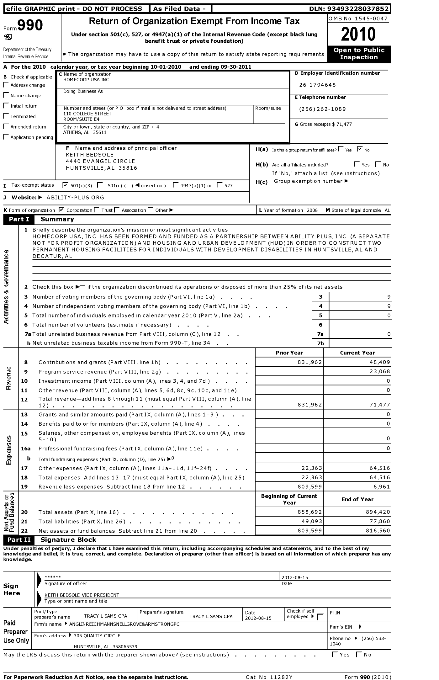 Image of first page of 2010 Form 990 for Homecorp USA