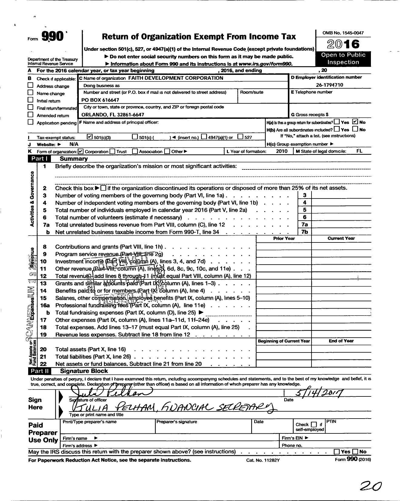 Image of first page of 2016 Form 990 for Faith Development Corporation