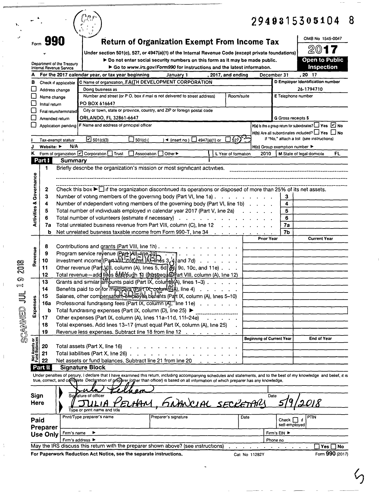 Image of first page of 2017 Form 990 for Faith Development Corporation