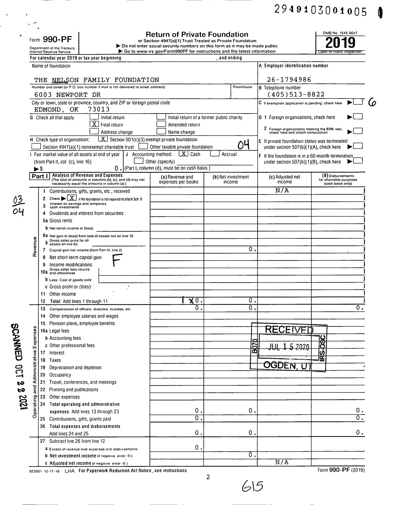 Image of first page of 2019 Form 990PF for The Nelson Family Foundation