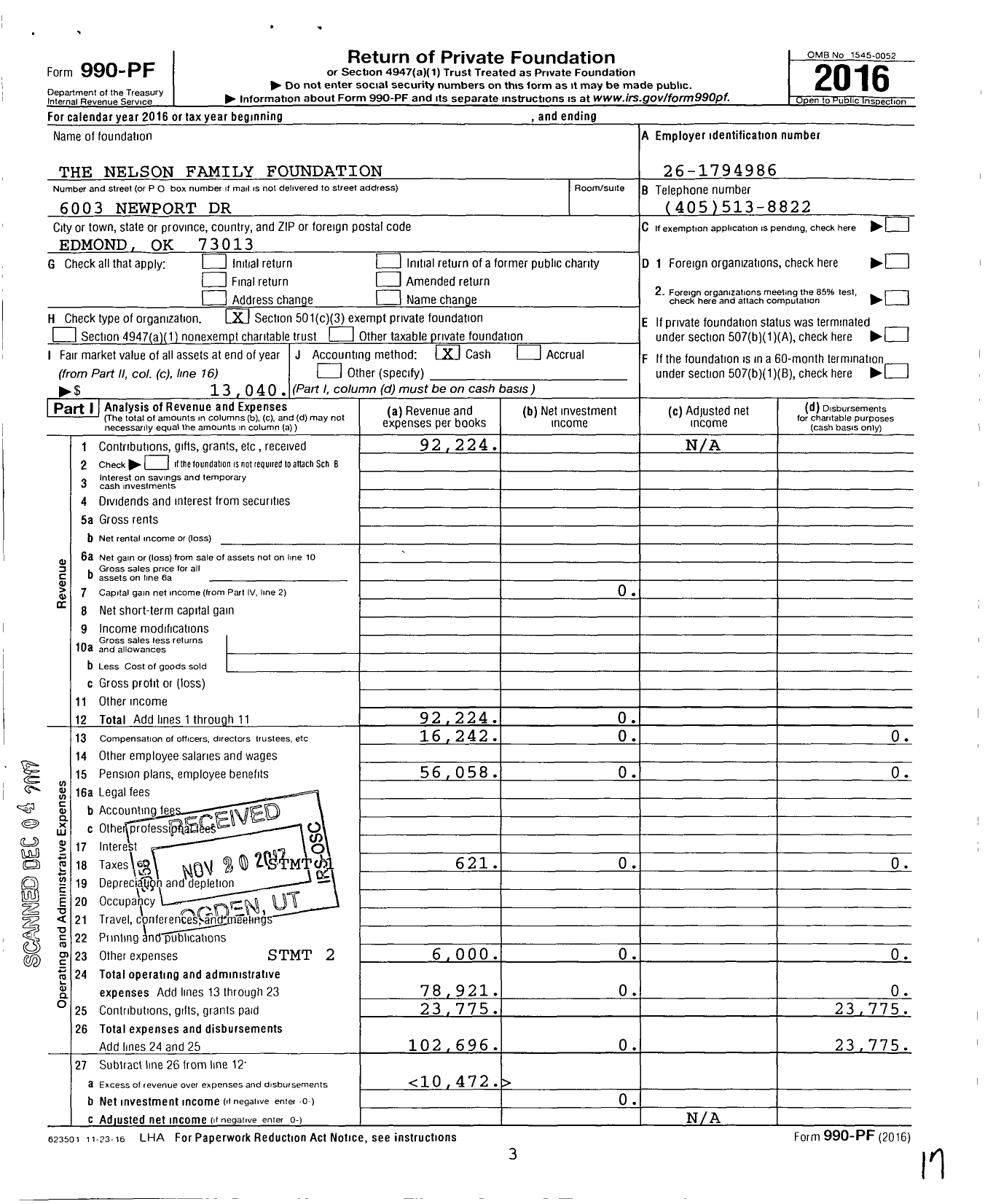 Image of first page of 2016 Form 990PF for The Nelson Family Foundation