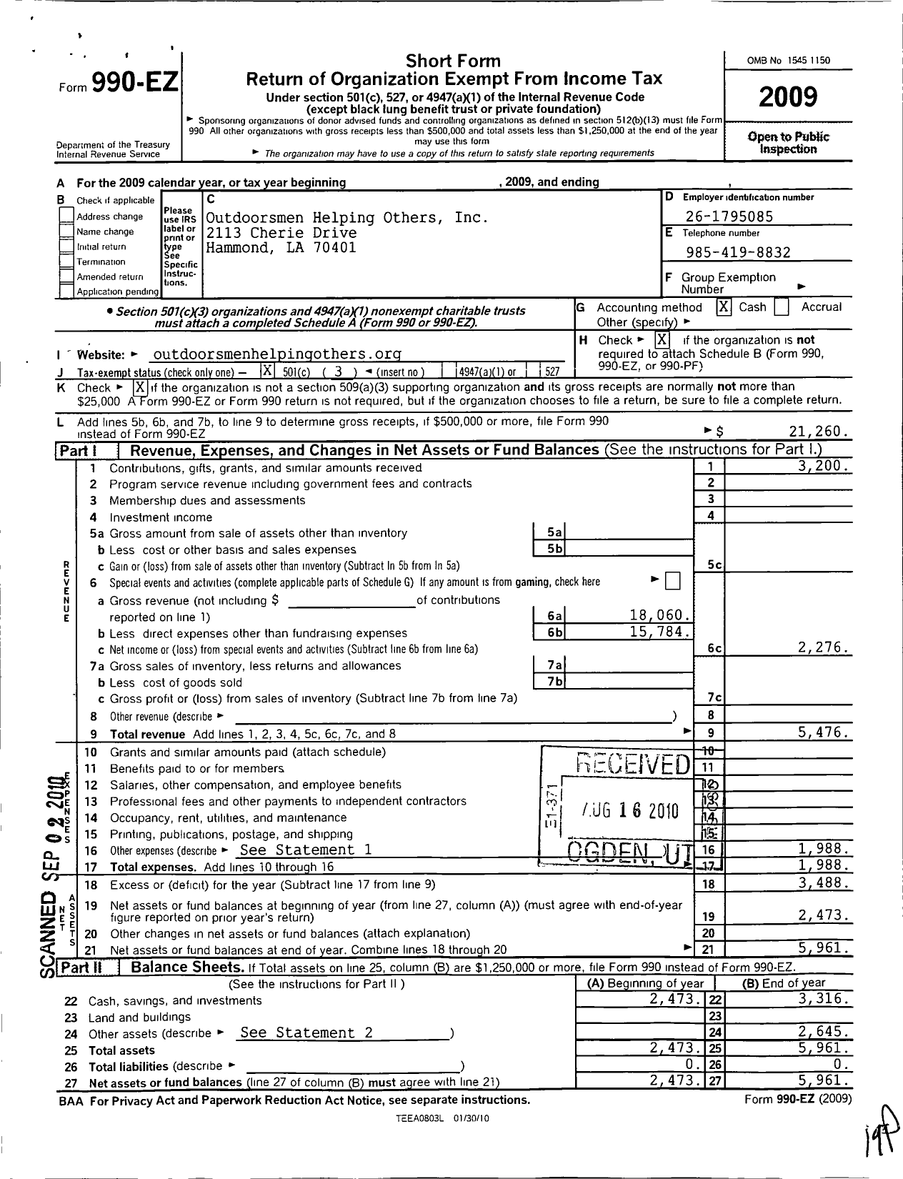 Image of first page of 2009 Form 990EZ for Outdoorsmen Helping Others