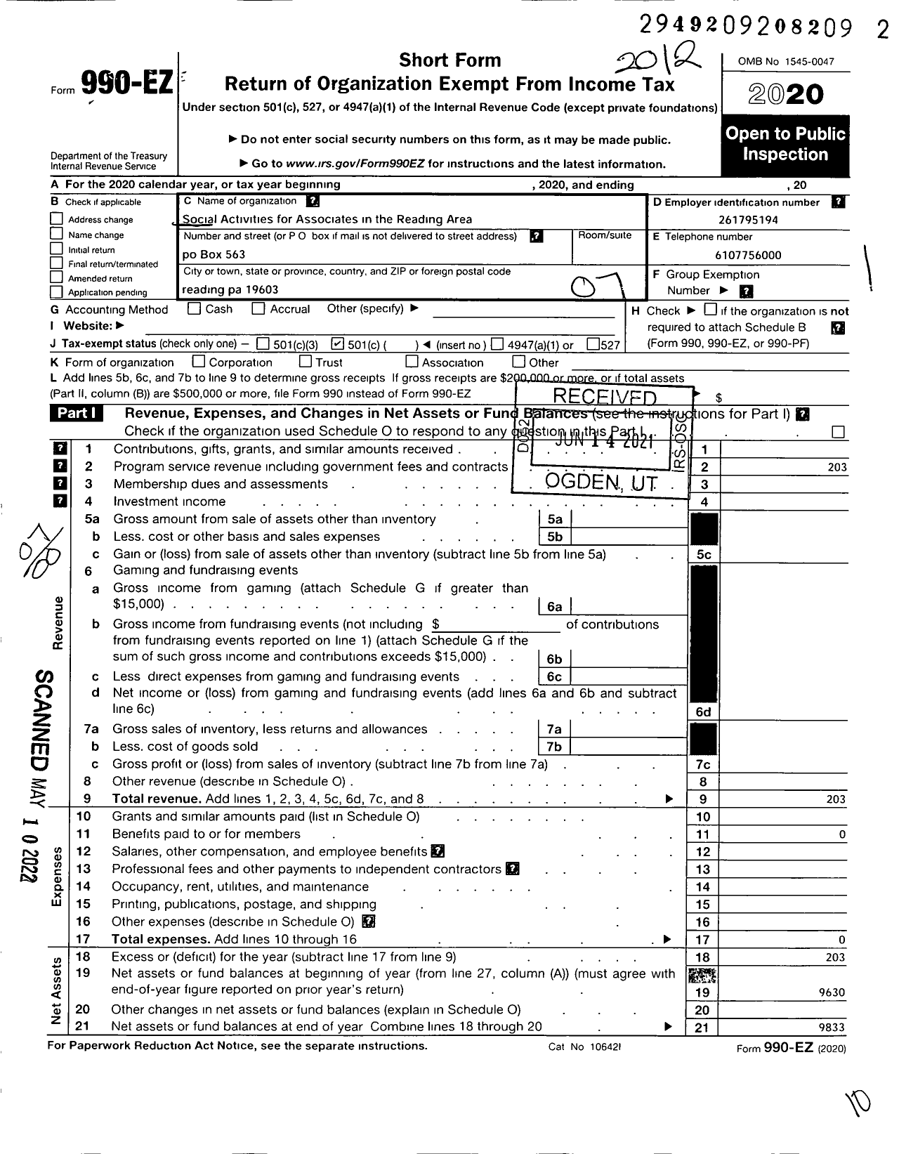 Image of first page of 2020 Form 990EO for Social Activities for Associates in the Reading Area