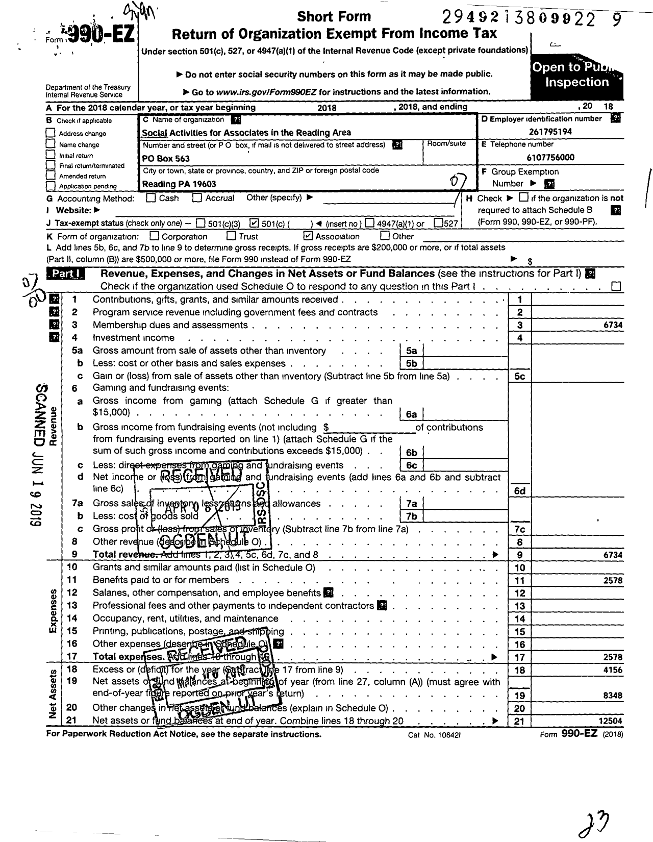 Image of first page of 2018 Form 990EO for Social Activities for Associates in the Reading Area