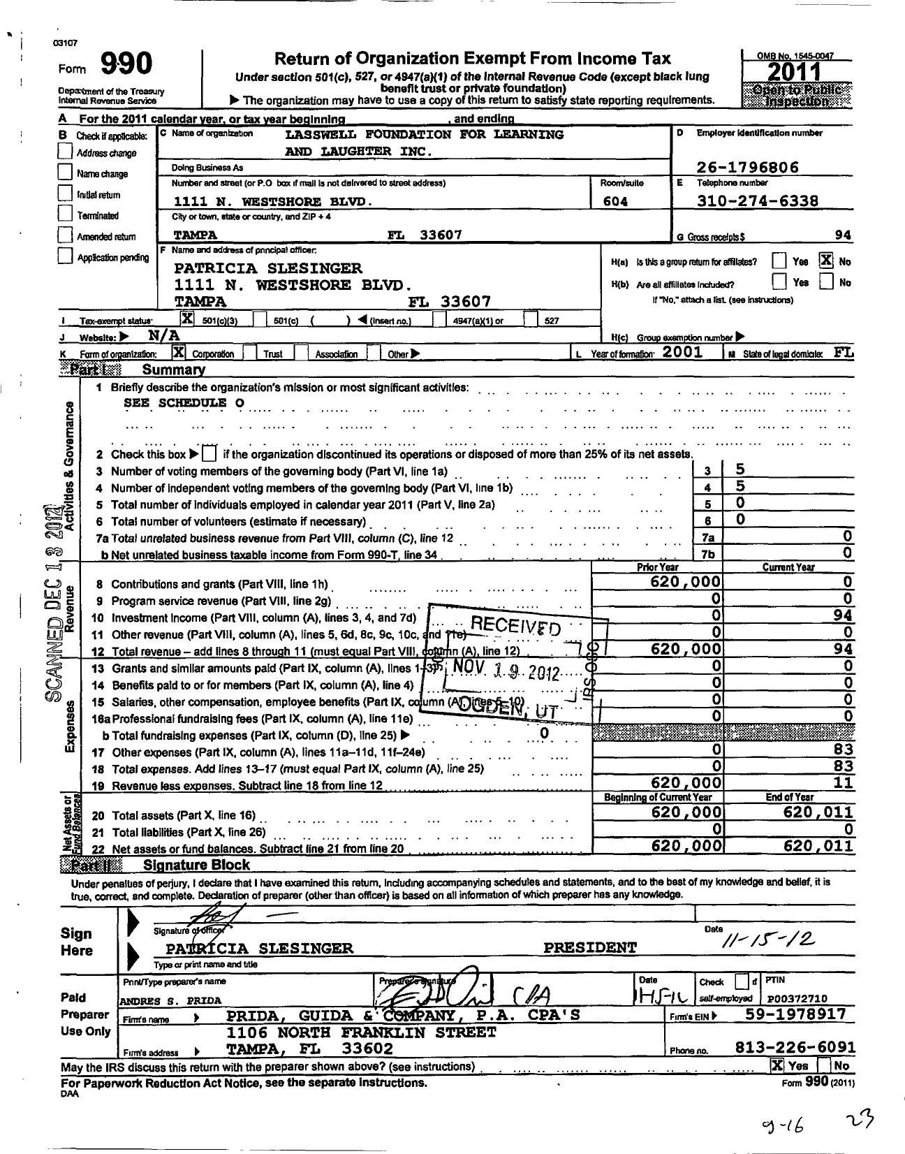 Image of first page of 2011 Form 990 for Lasswell Foundation for Learning and Laughter