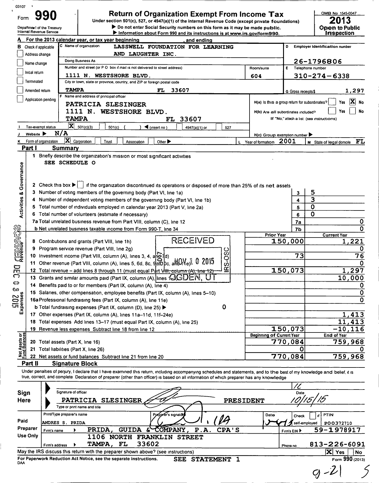 Image of first page of 2013 Form 990 for Lasswell Foundation for Learning and Laughter