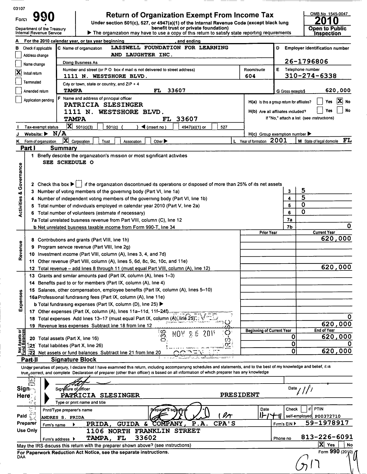 Image of first page of 2010 Form 990 for Lasswell Foundation for Learning and Laughter