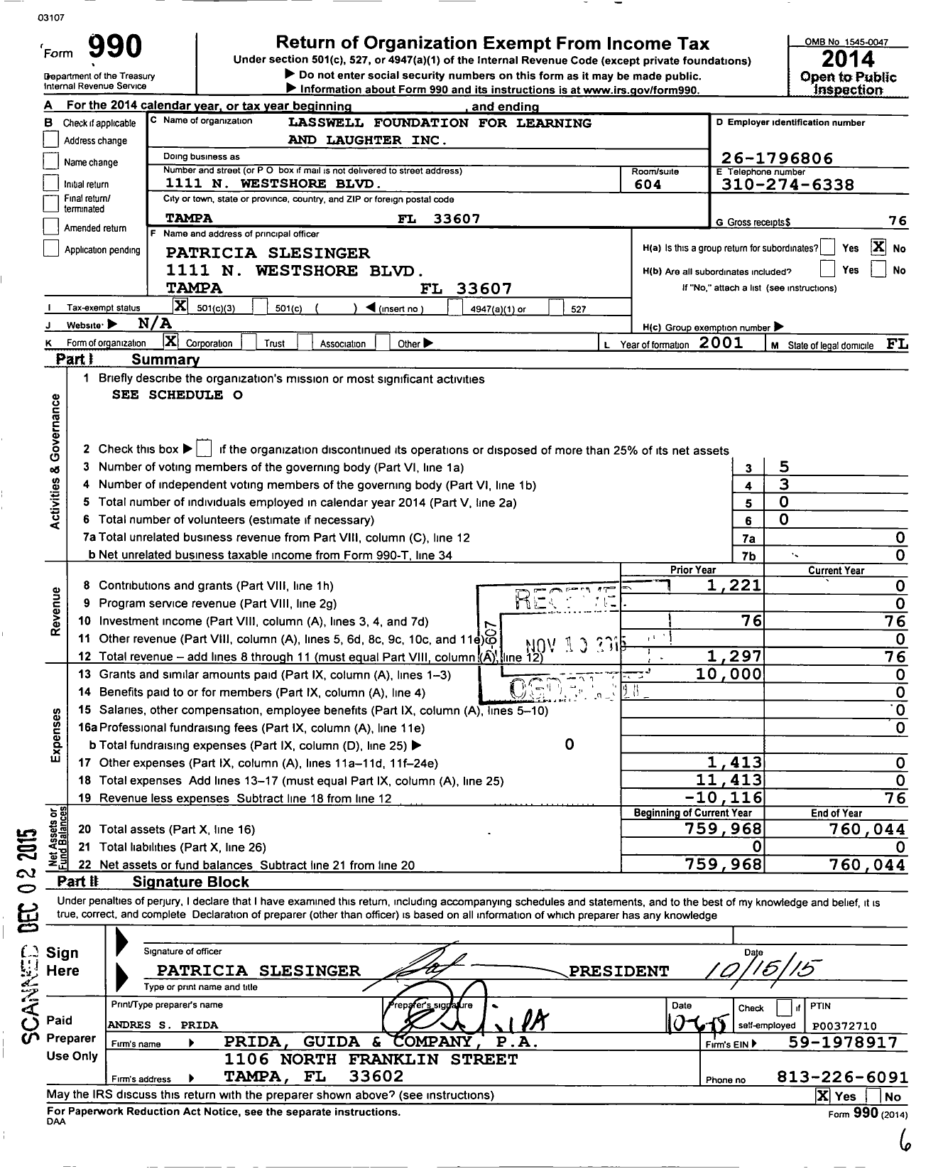 Image of first page of 2014 Form 990 for Lasswell Foundation for Learning and Laughter