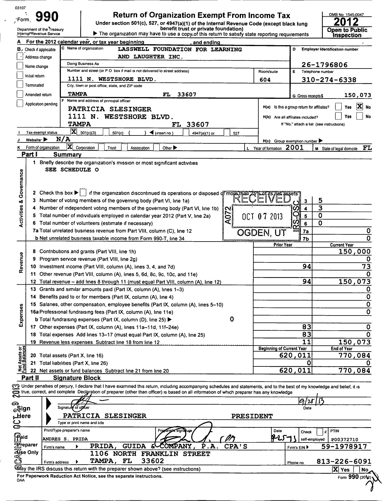 Image of first page of 2012 Form 990 for Lasswell Foundation for Learning and Laughter