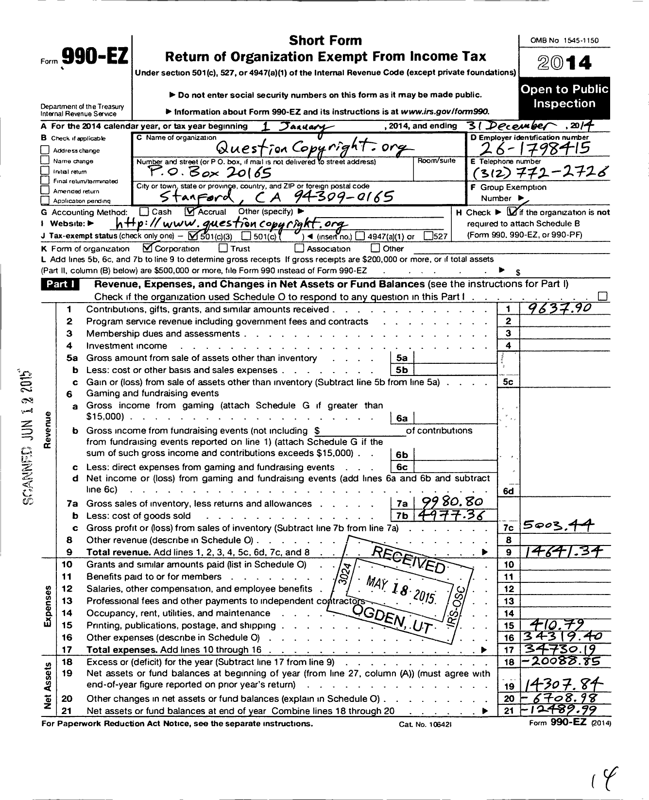 Image of first page of 2014 Form 990EZ for Question Copyright Org