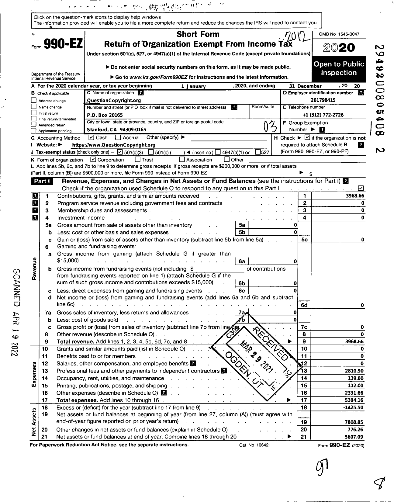 Image of first page of 2020 Form 990EZ for Question Copyright Org