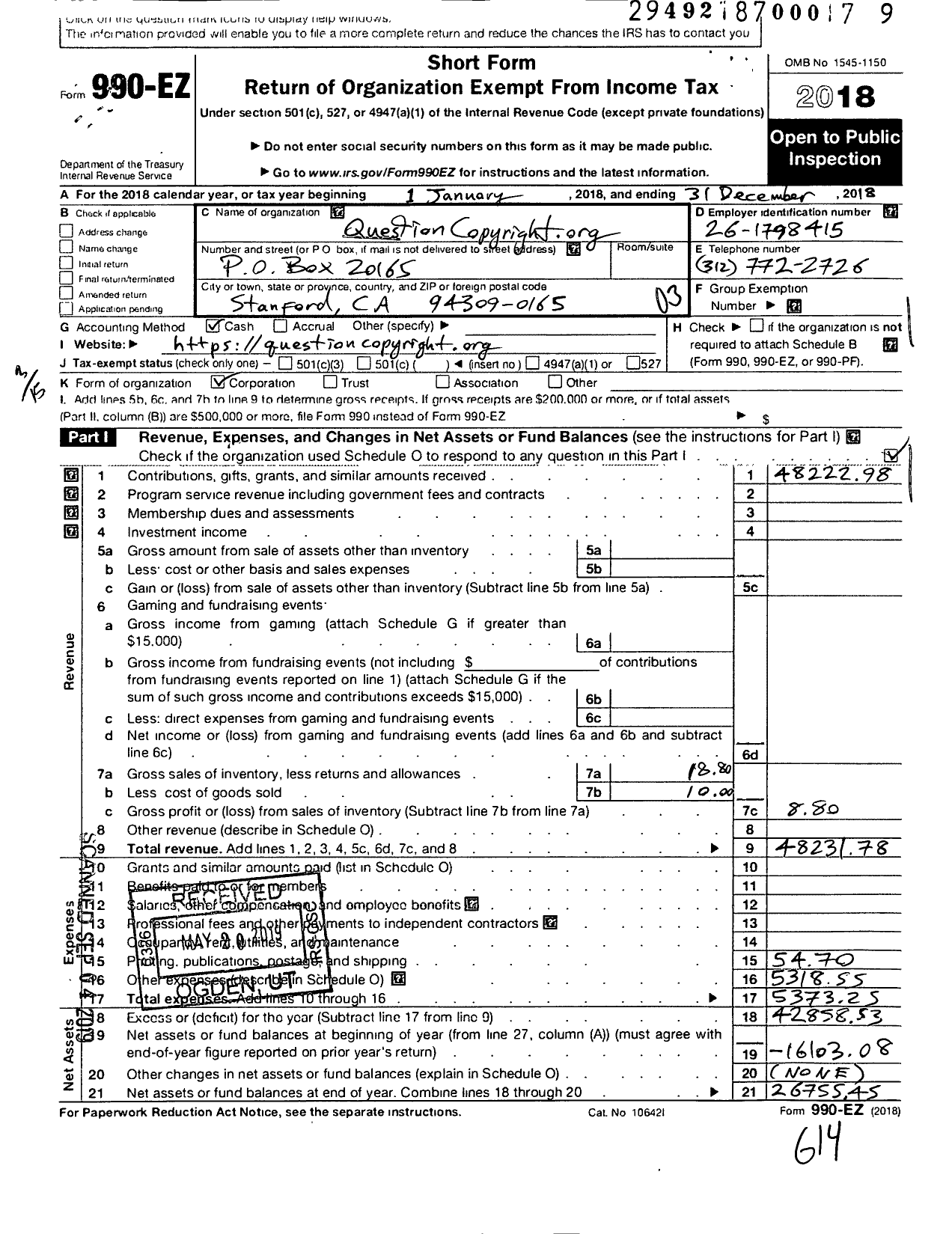 Image of first page of 2018 Form 990EZ for Question Copyright Org