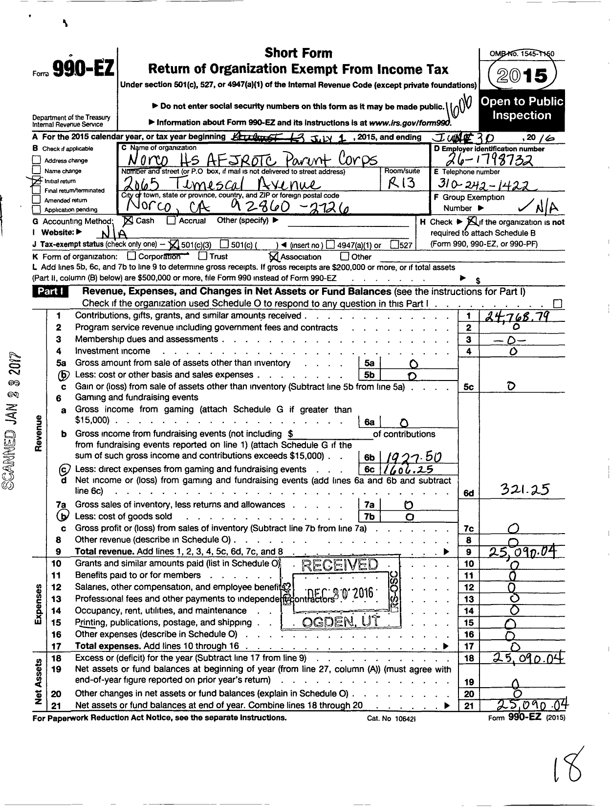 Image of first page of 2015 Form 990EZ for Norco HS Afjrotc Parent Corps