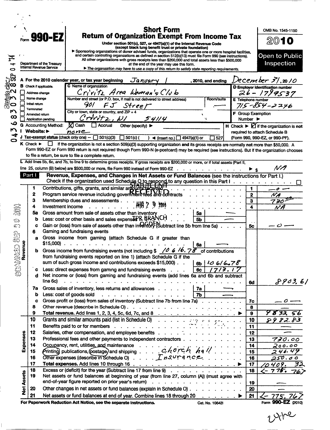 Image of first page of 2010 Form 990EO for Crivitz Area Womens Club