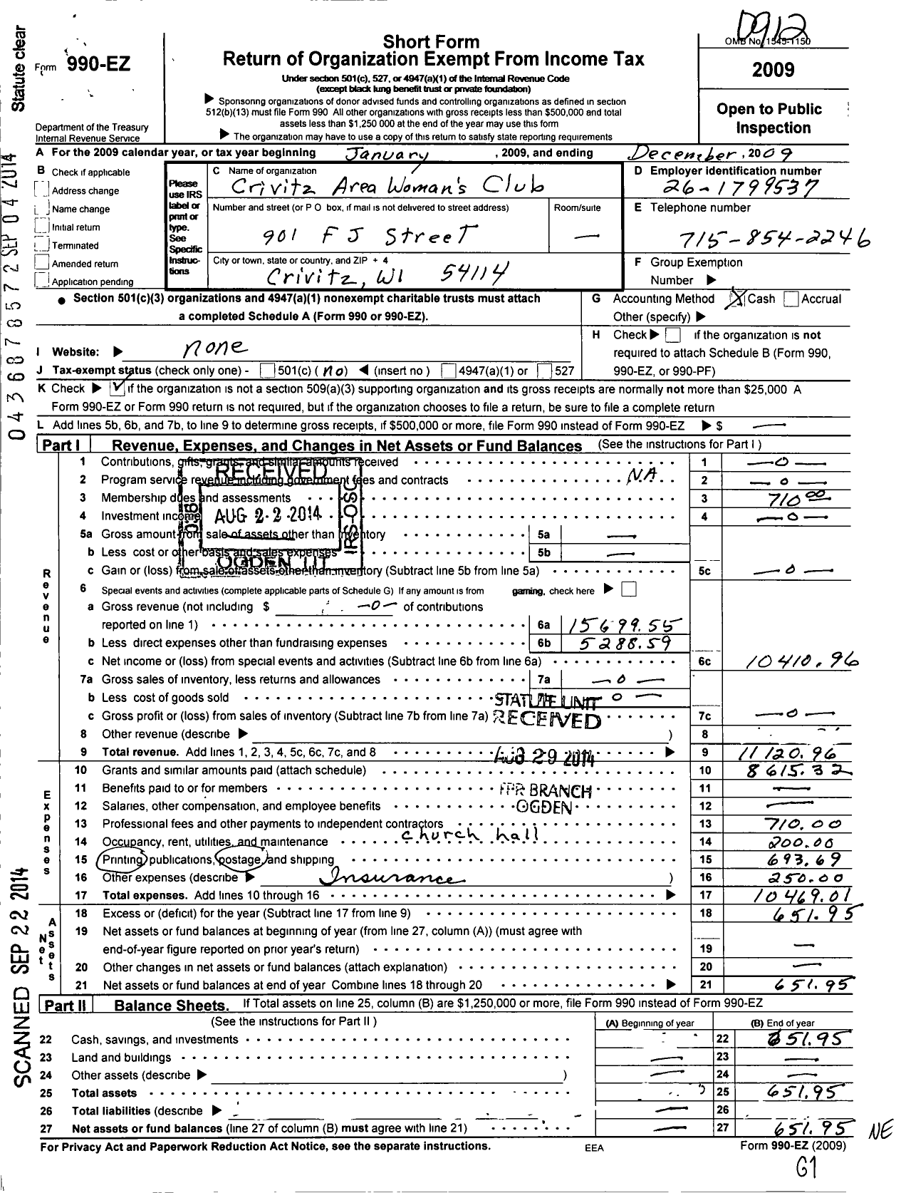 Image of first page of 2009 Form 990EO for Crivitz Area Womens Club