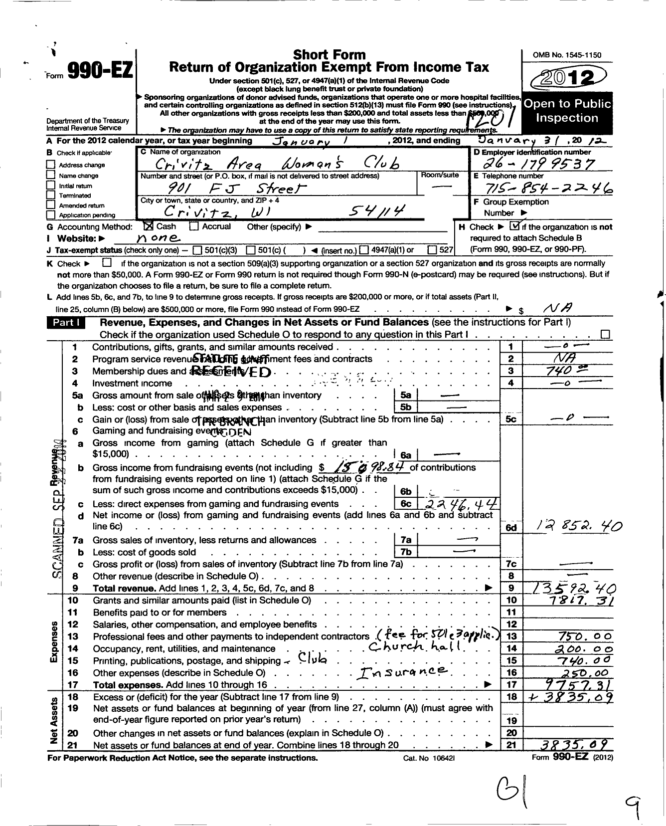 Image of first page of 2011 Form 990EO for Crivitz Area Womens Club