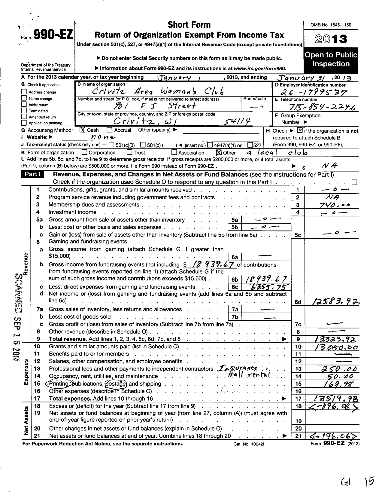 Image of first page of 2012 Form 990EO for Crivitz Area Womens Club