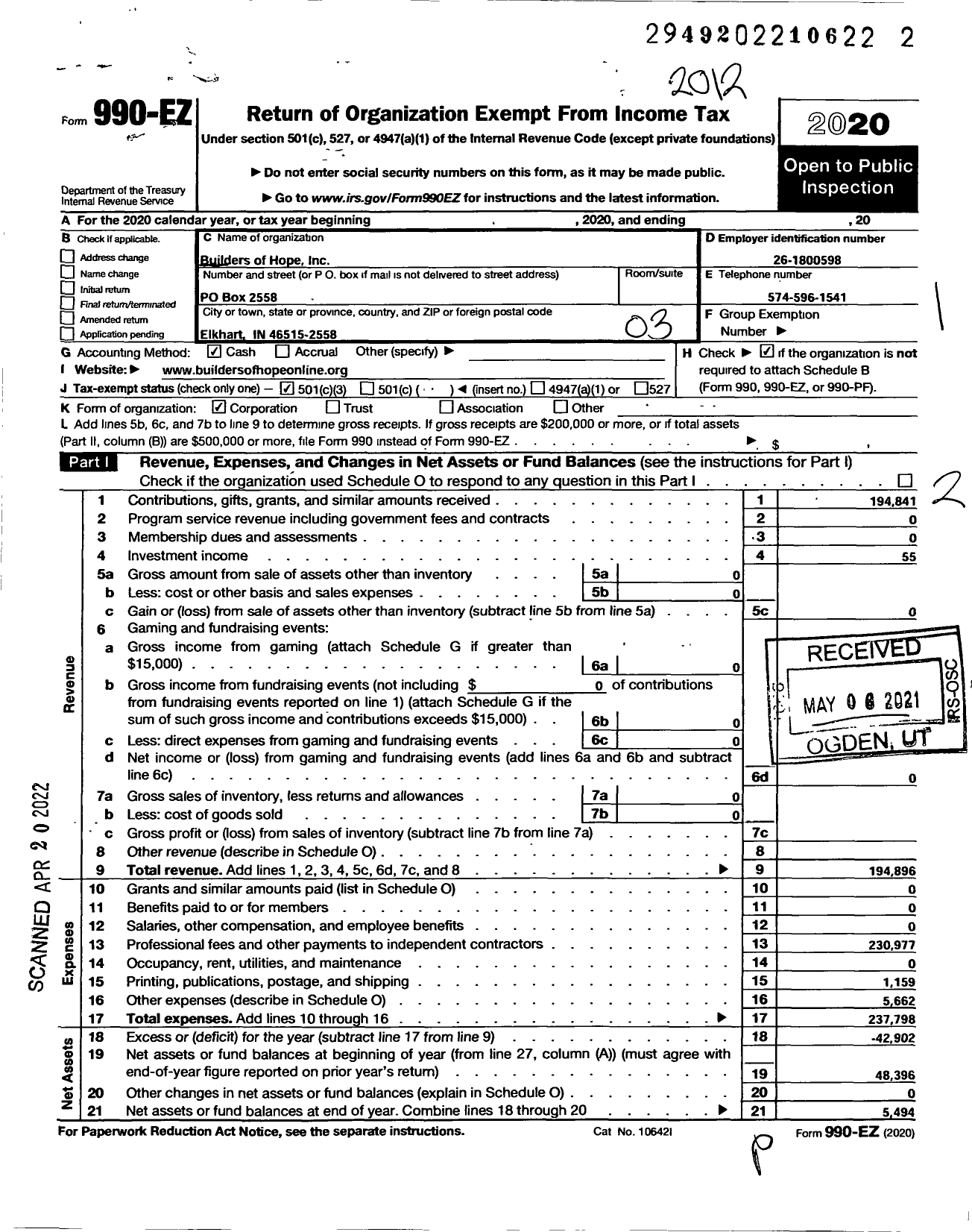 Image of first page of 2020 Form 990EZ for Builders of Hope