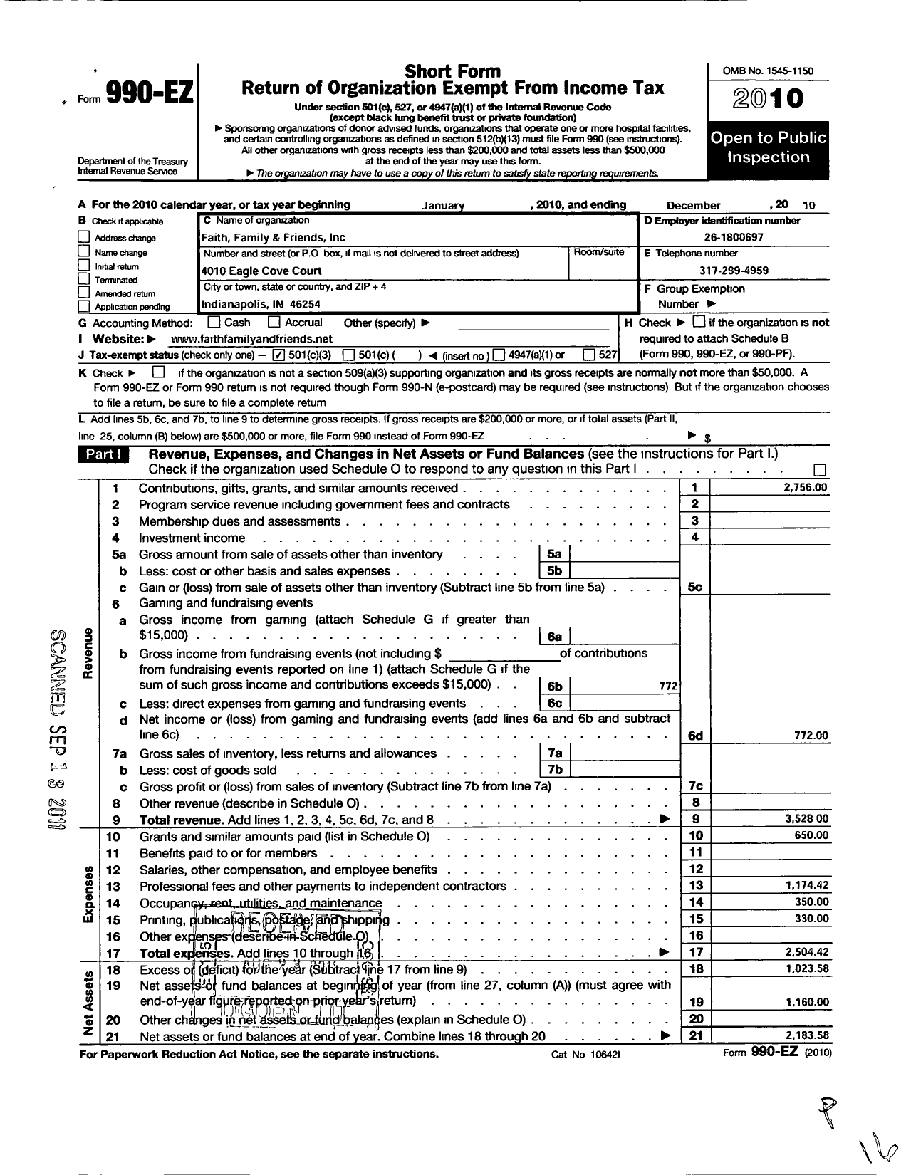 Image of first page of 2010 Form 990EZ for Faith Family and Friends