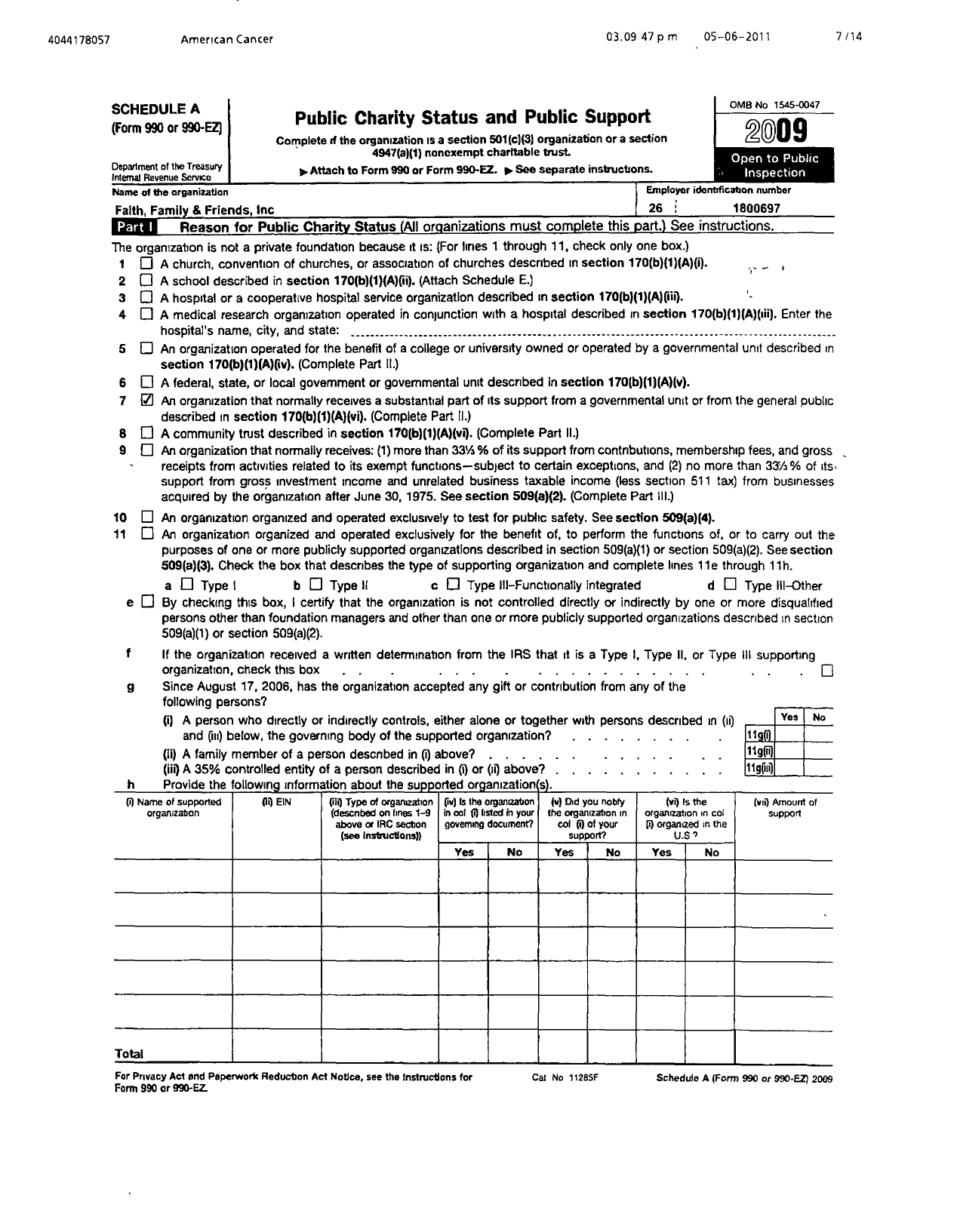 Image of first page of 2009 Form 990ER for Faith Family and Friends