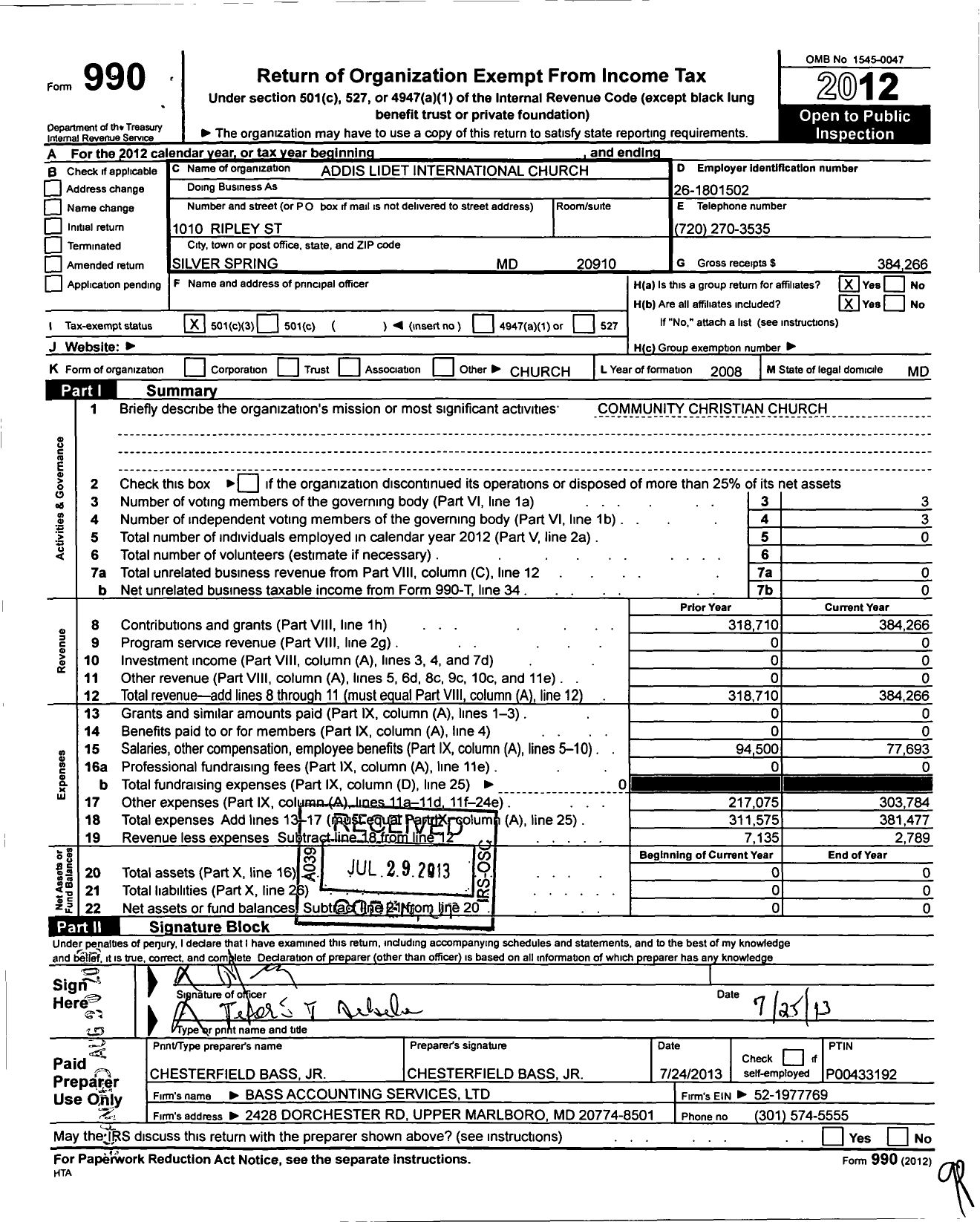 Image of first page of 2012 Form 990 for Addis Lidet International Church