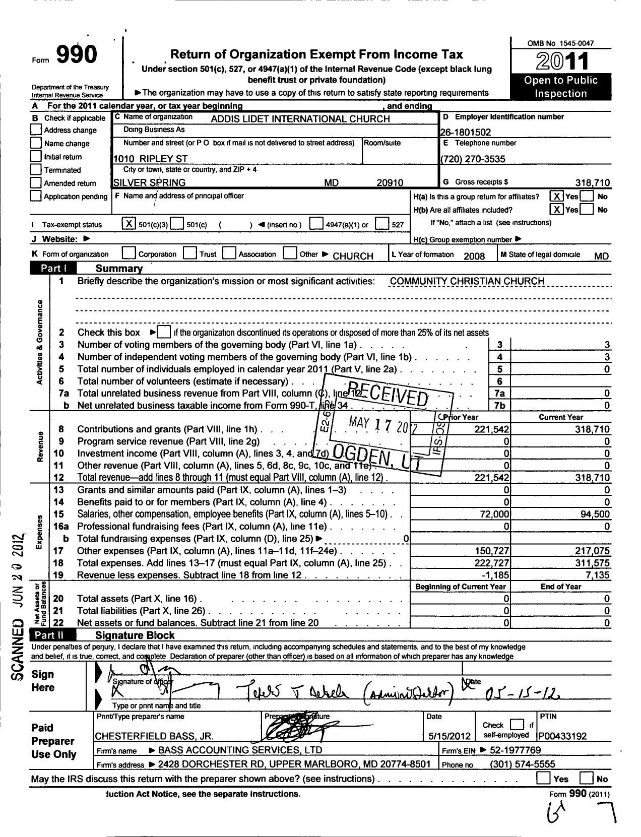 Image of first page of 2011 Form 990 for Addis Lidet International Church