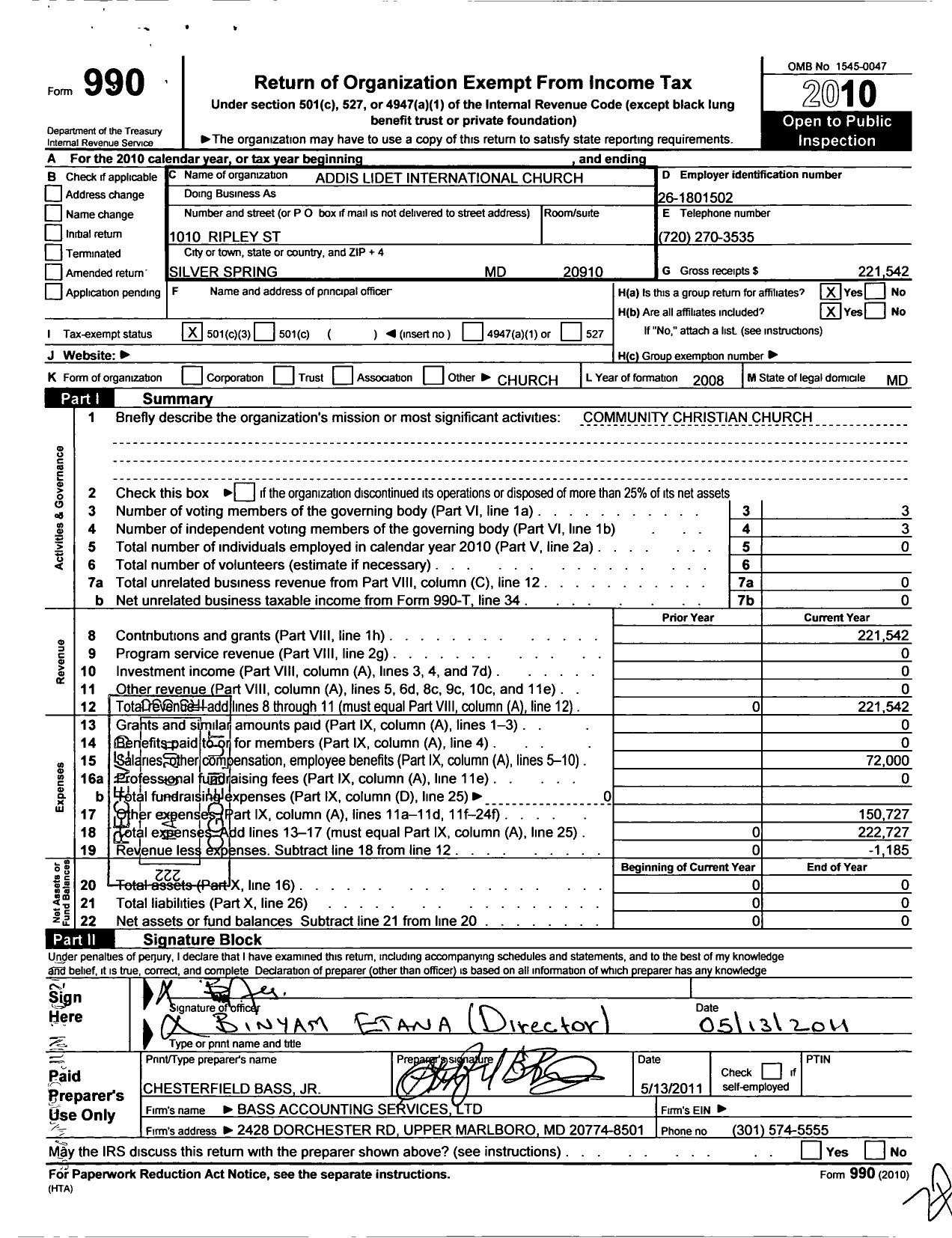 Image of first page of 2010 Form 990 for Addis Lidet International Church