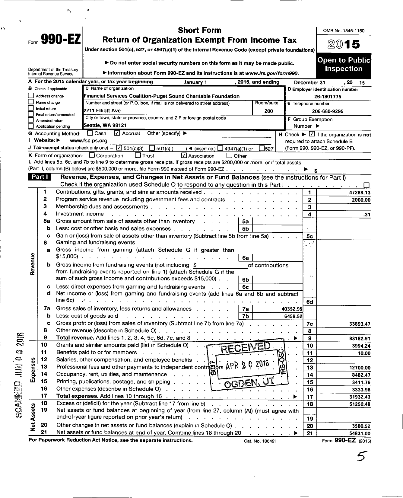 Image of first page of 2015 Form 990EZ for Financial Services Coalition