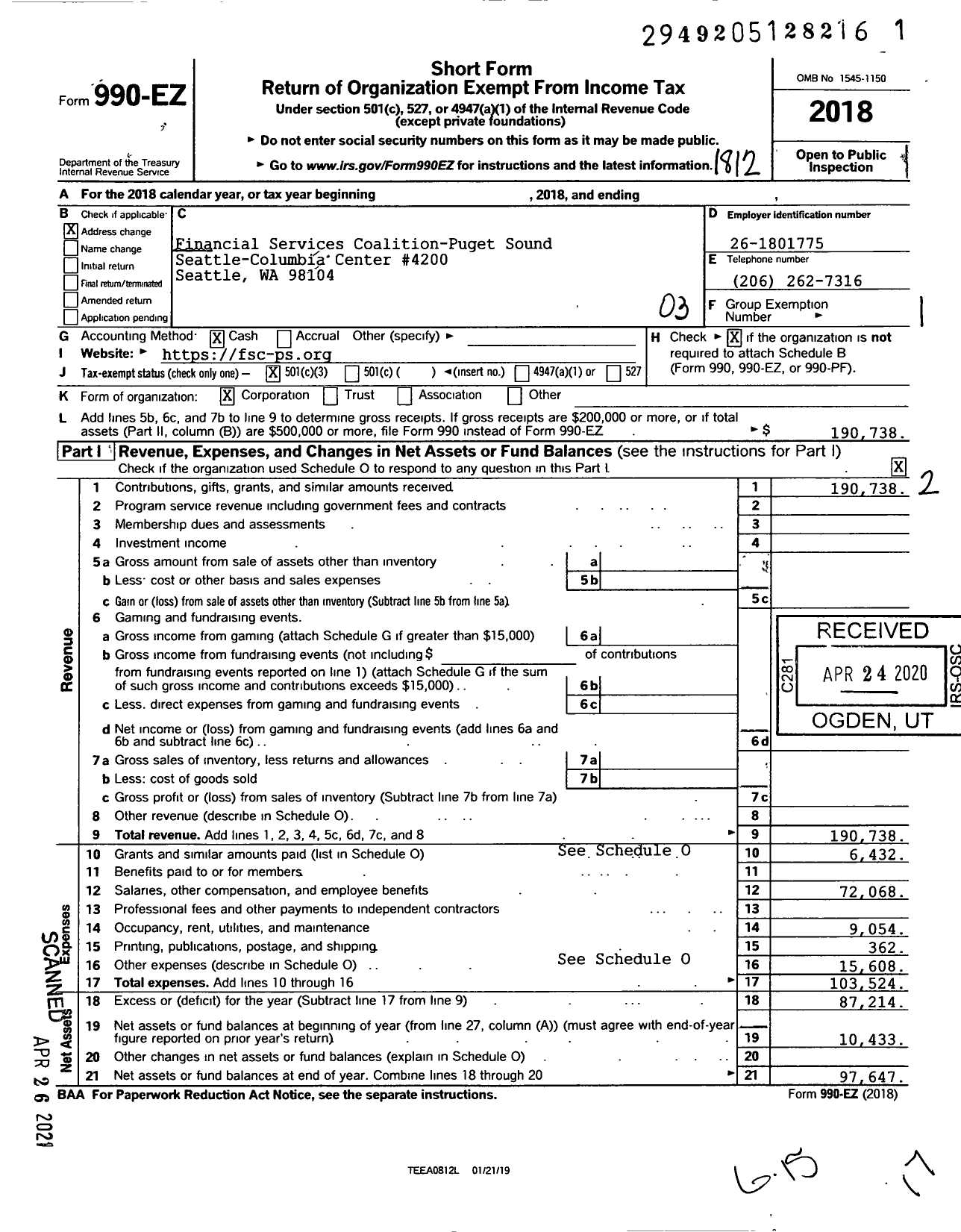 Image of first page of 2018 Form 990EZ for Financial Services Coalition