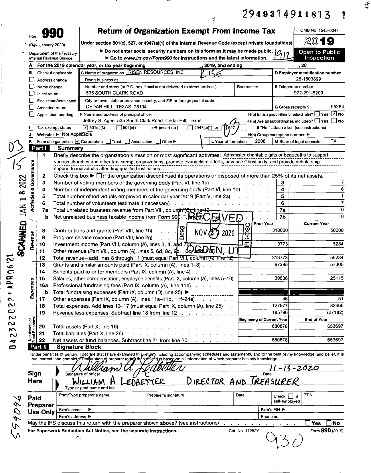 Image of first page of 2019 Form 990 for Risen Resources