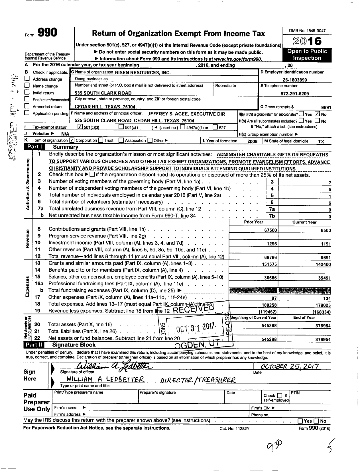Image of first page of 2016 Form 990 for Risen Resources