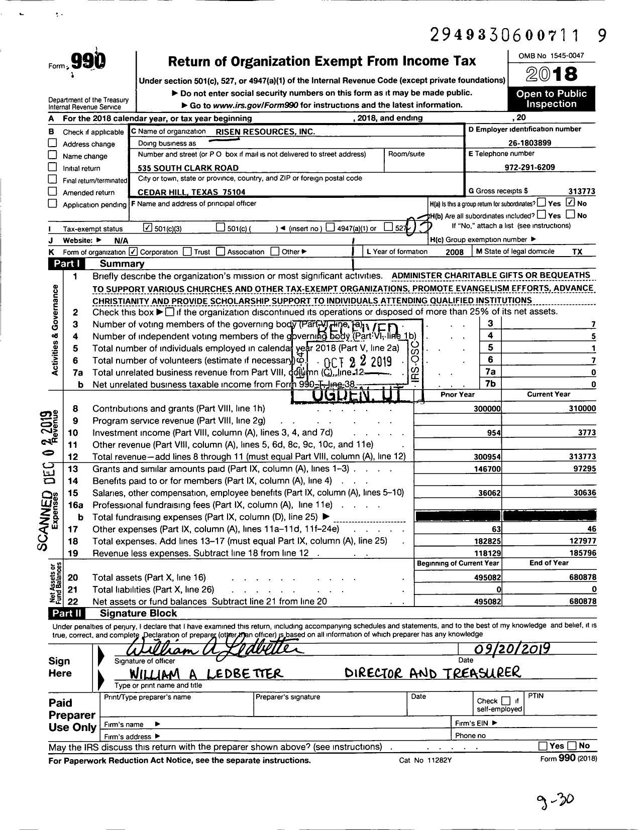 Image of first page of 2018 Form 990 for Risen Resources