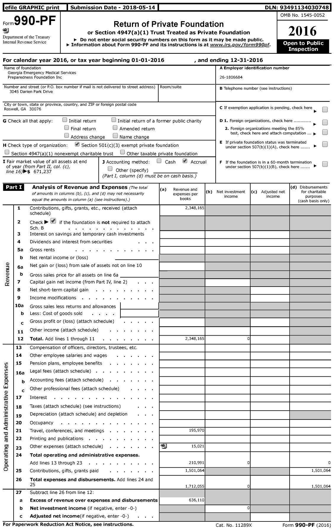 Image of first page of 2016 Form 990PF for Georgia Emergency Medical Services Preparedness Foundation