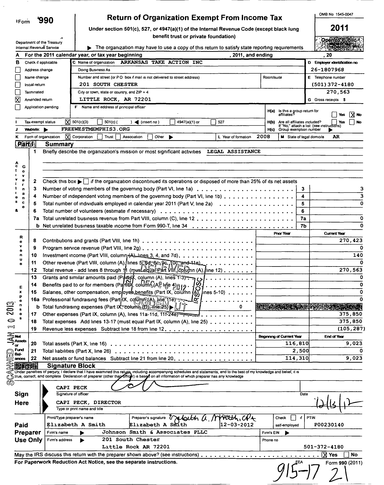 Image of first page of 2011 Form 990 for Arkansas Take Action