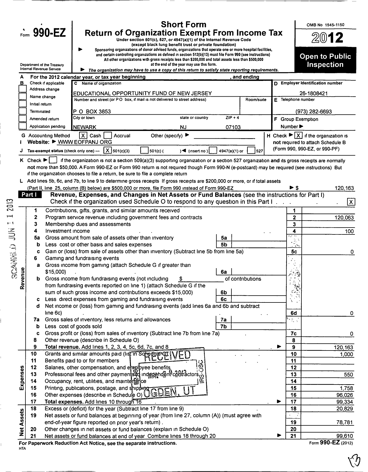 Image of first page of 2012 Form 990EZ for Educational Opportunity Fund of New