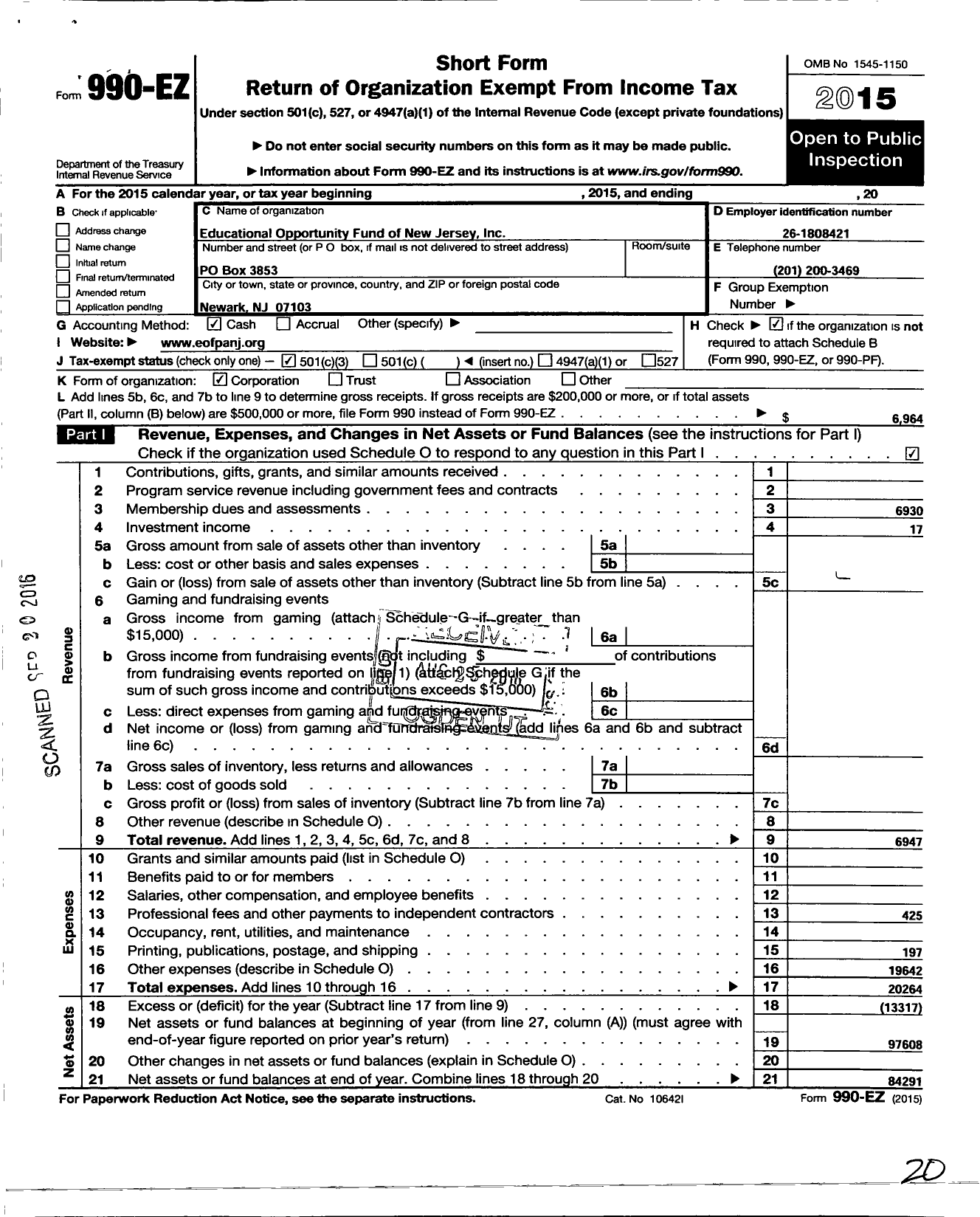 Image of first page of 2015 Form 990EZ for Educational Opportunity Fund of New