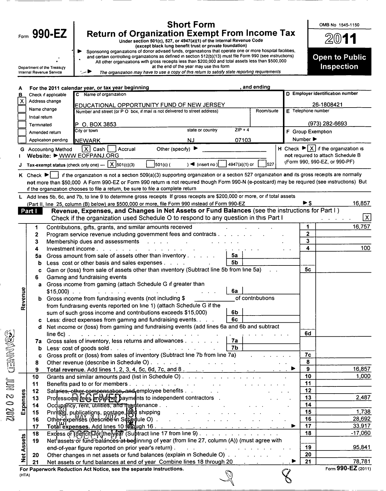 Image of first page of 2011 Form 990EZ for Educational Opportunity Fund of New