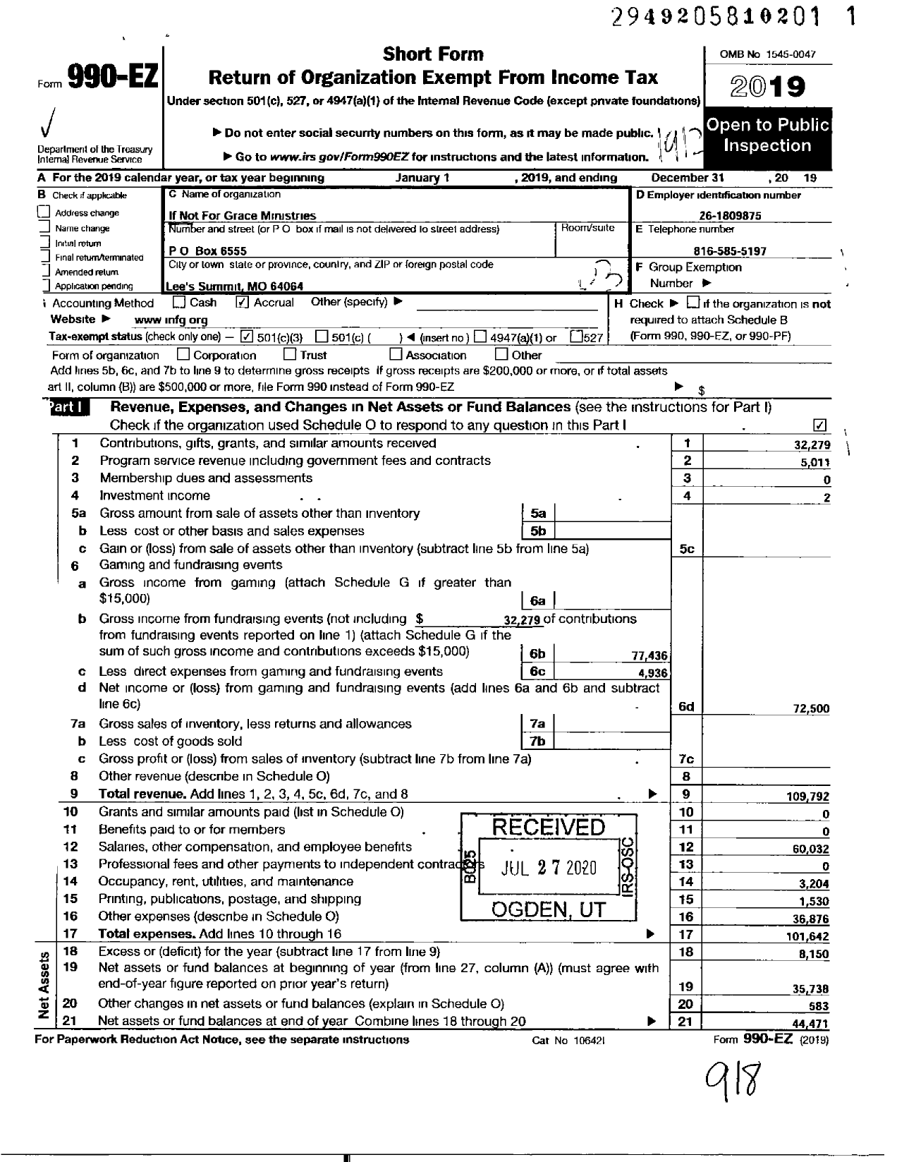 Image of first page of 2019 Form 990EZ for If Not for Grace Ministries