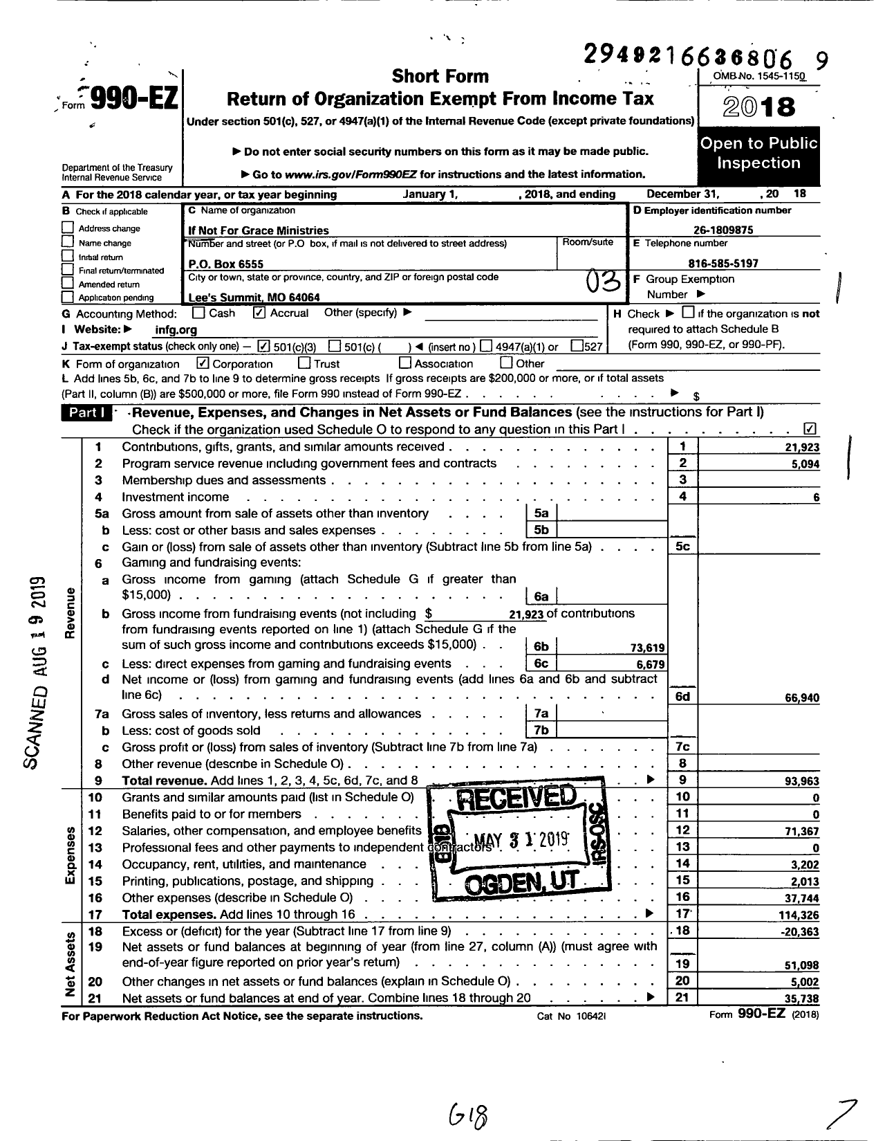 Image of first page of 2018 Form 990EZ for If Not for Grace Ministries