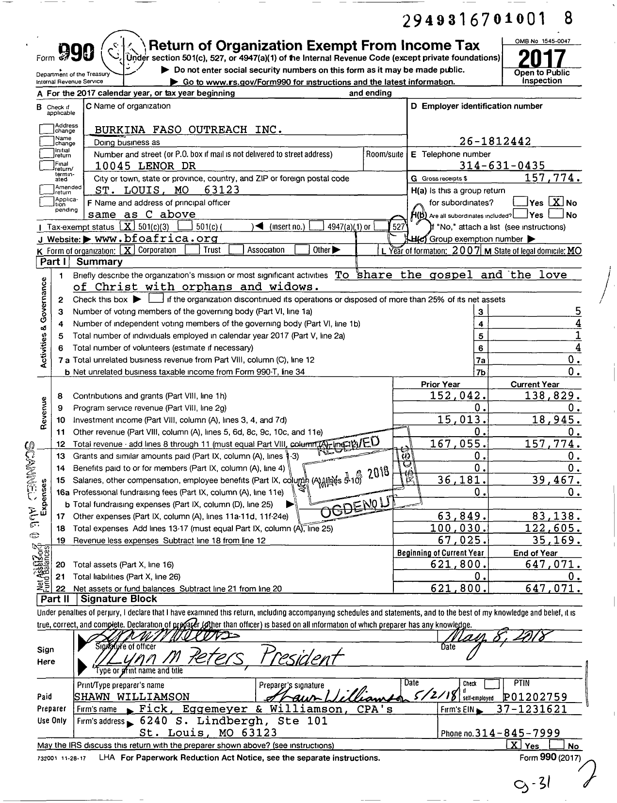 Image of first page of 2017 Form 990 for Burkina Faso Outreach