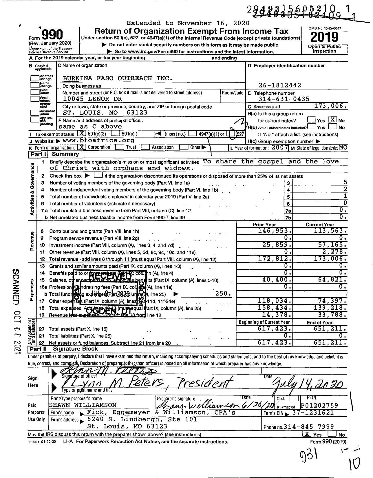Image of first page of 2019 Form 990 for Burkina Faso Outreach