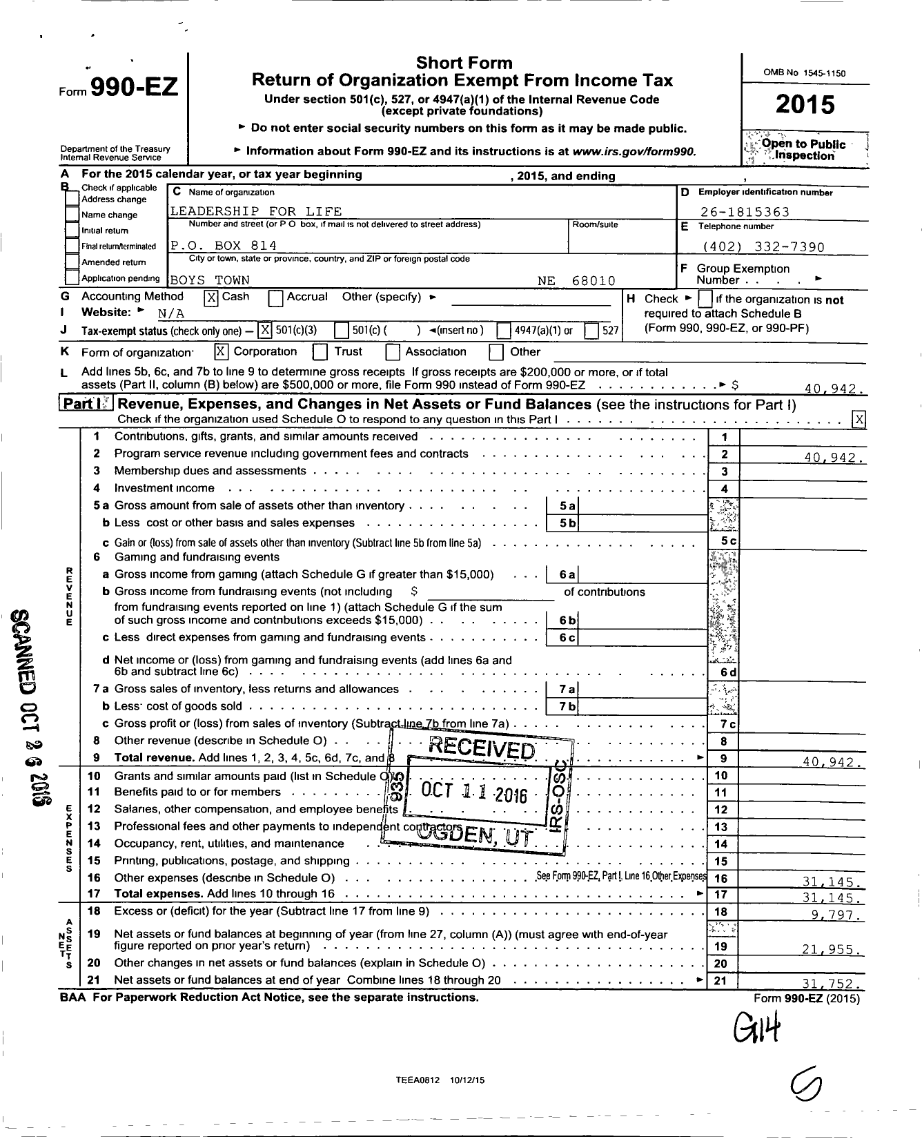 Image of first page of 2015 Form 990EZ for Leadership for Life