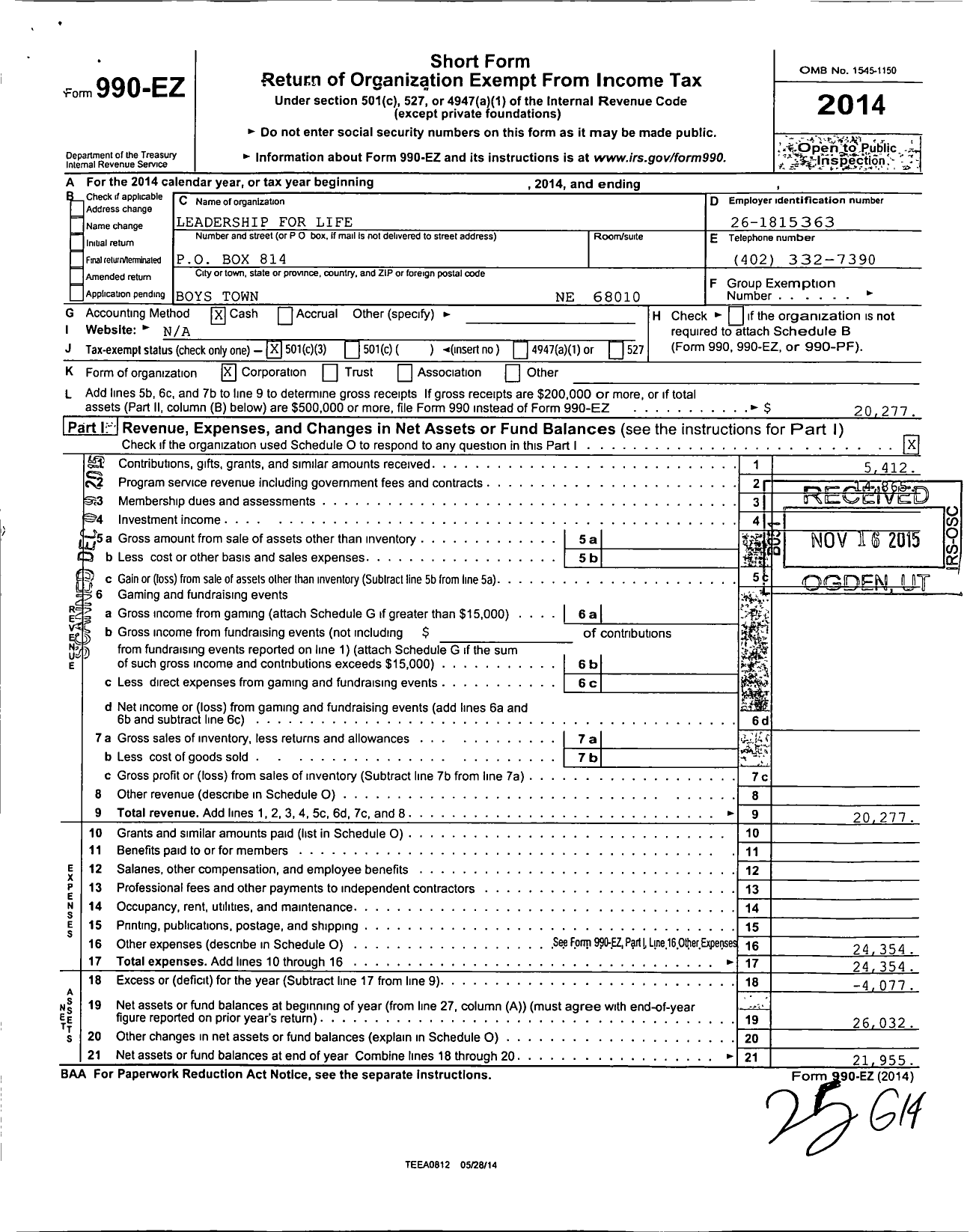 Image of first page of 2014 Form 990EZ for Leadership for Life