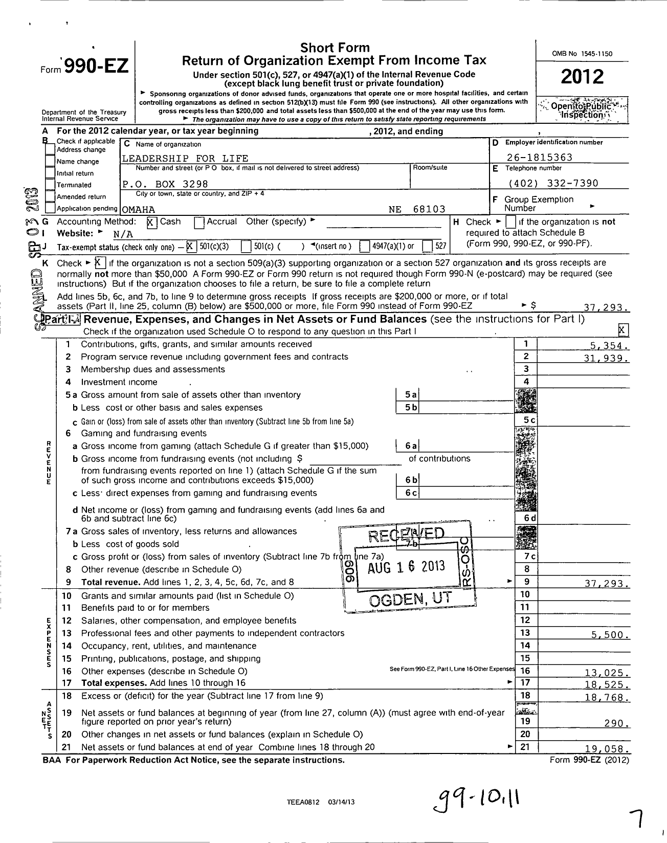 Image of first page of 2012 Form 990EZ for Leadership for Life