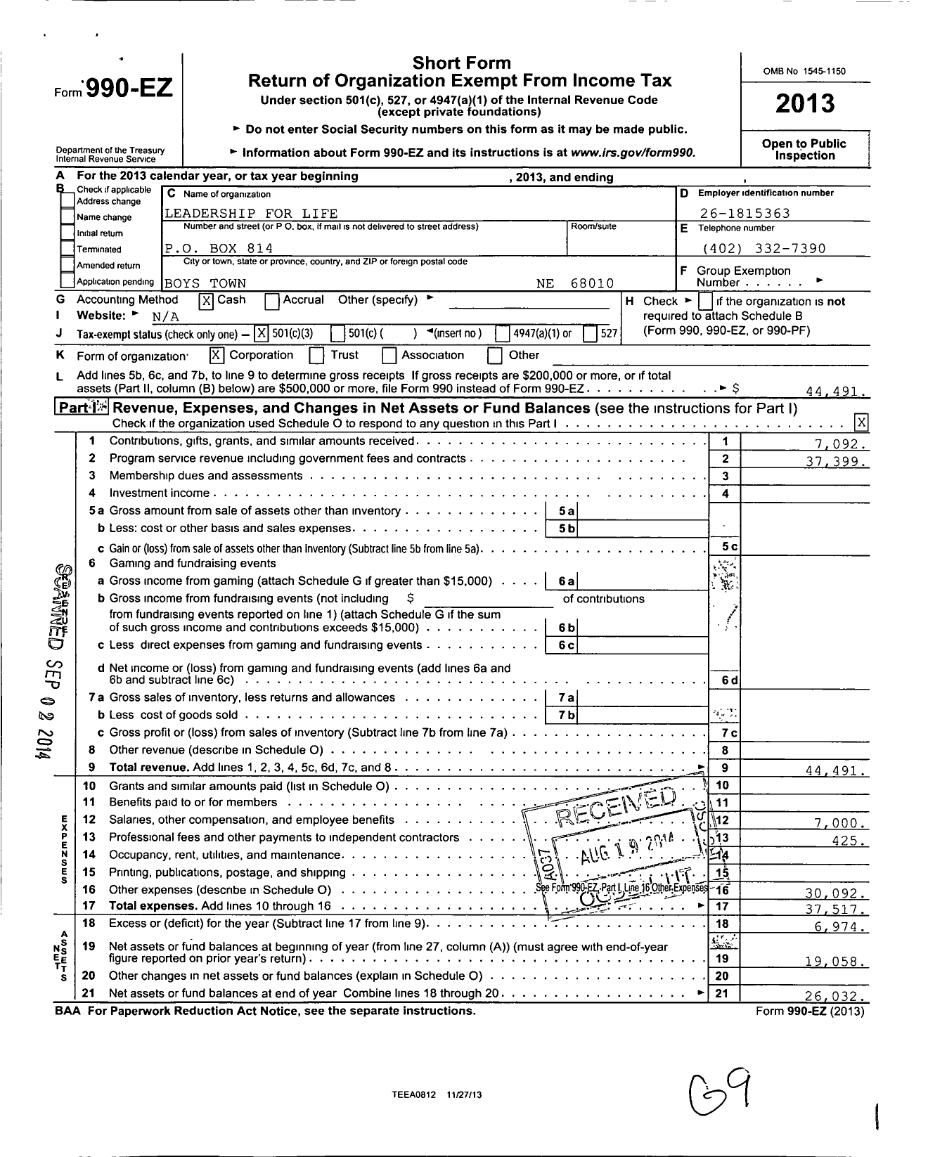 Image of first page of 2013 Form 990EZ for Leadership for Life