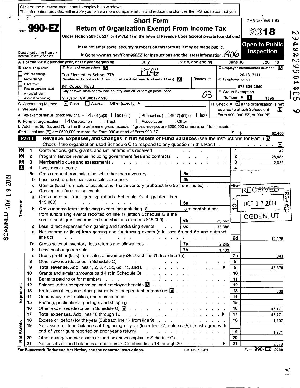 Image of first page of 2018 Form 990EZ for Georgia PTA - Trip Es PTA